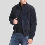 Men's Navy Blue Suede Bomber Leather Jacket - Image 3