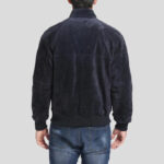 Men's Navy Blue Suede Bomber Leather Jacket - Image 2