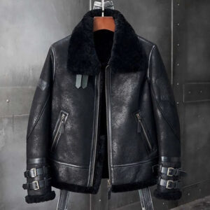 New Men's B3 Black Leather Sheepskin Shearling Bomber Jacket
