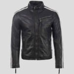 New Men's Black Leather Motorcycle Jacket with Red and White Stripes