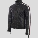 New Men's Black Leather Motorcycle Jacket with Red and White Stripes - Image 2