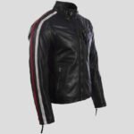New Men's Black Leather Motorcycle Jacket with Red and White Stripes - Image 3