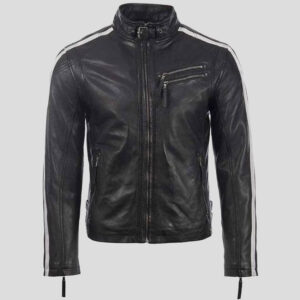 New Men's Black Leather Motorcycle Jacket with Red and White Stripes