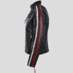 New Men's Black Leather Motorcycle Jacket with Red and White Stripes - Image 4