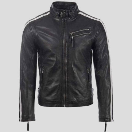 New Men's Black Leather Motorcycle Jacket with Red and White Stripes