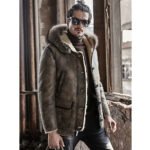 New Men's Hooded Sheepskin Shearling Coat with Raccoon Fur Collar - Image 2