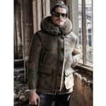 New Men's Hooded Sheepskin Shearling Coat with Raccoon Fur Collar - Image 3