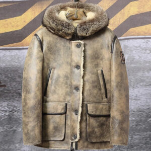 New Men's Hooded Sheepskin Shearling Coat with Raccoon Fur Collar