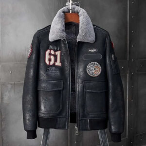 New Men's Short Gray Sheepskin Shearling Flight Jacket