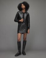 Women's Black Quilted Leather Bomber Jacket - Image 3