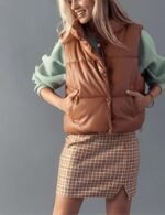 Women's Tan Brown Puffer Leather Vest - Image 3