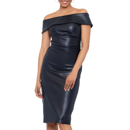 Off-The-Shoulder Black Cocktail Leather Dress