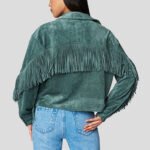 Women's Olive Suede Leather Fringe Shirt Jacket - Image 2