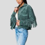 Women's Olive Suede Leather Fringe Shirt Jacket - Image 3