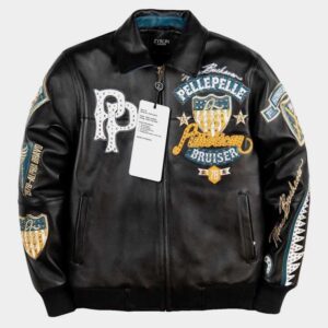 Pelle Pelle American Bruiser Black Leather Jacket Mens Embroidered
