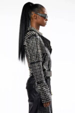 Punk Women's Long Spiked Leather Jacket - Image 4