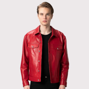 Premium Red Lambskin Leather Trucker Jacket for Men