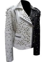 Women's Black and Silver Spiked Studded Biker Leather Jacket - Image 3