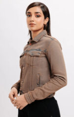 Women’s Distressed Denim Trucker Jacket - Brown Casual Style - Image 4