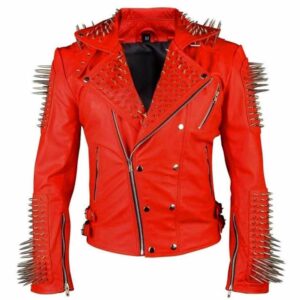 Punk Red Studded Leather Biker Jacket