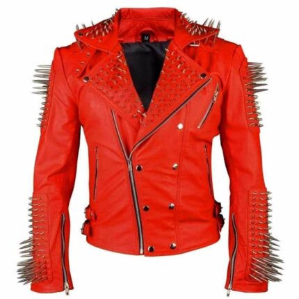 Punk Red Studded Leather Biker Jacket