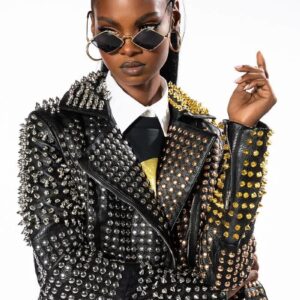 Punk Women's Long Spiked Leather Jacket