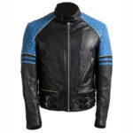 Men’s Quilted Biker Stylish Black and Blue Leather Jacket