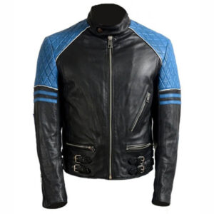 Men?s Quilted Biker Stylish Black and Blue Leather Jacket
