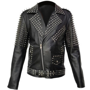 Men Real Leather Jacket Spike Studded Punk Style Jacket