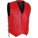 Men’s Motorcycle Biker Red Leather Vest with 10 Pockets - Image 3