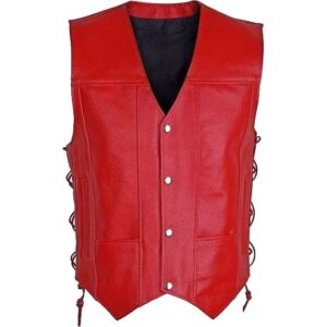 Men?s Motorcycle Biker Red Leather Vest with 10 Pockets