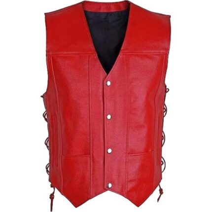 Men’s Motorcycle Biker Red Leather Vest with 10 Pockets