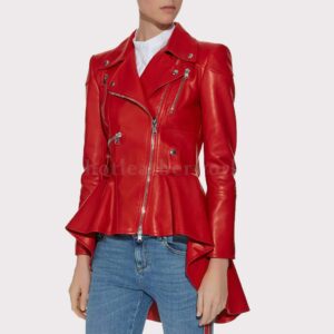 Red Peplum Women's Leather Jacket