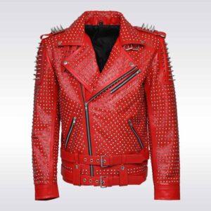 Men?s Red Spiked Punk Leather Jacket - Hand-Studded Rivet Biker Style