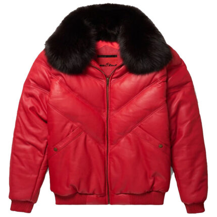 New Red V-Bomber Leather Jacket