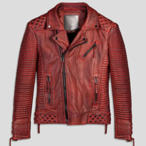 Red Waxed Biker Motorcycle Leather Jacket For Men
