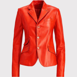 Red Women's Leather Coat with Double Pockets