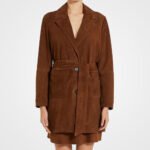 Rust Suede Leather Long Trench Coat - Women's Notched Lapel Elegance - Image 2
