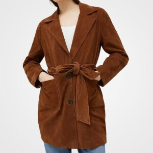 Rust Suede Leather Long Trench Coat - Women's Notched Lapel Elegance