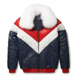 V-Bomber Style Shearling Collar Leather Jacket
