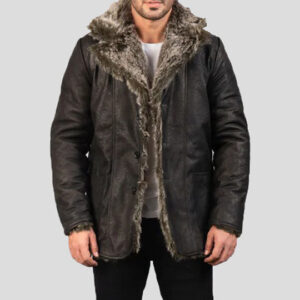 Black Leather Trench Coat with Long Fur Trim