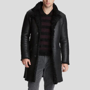 Men's Black Shearling Leather Trench Coat