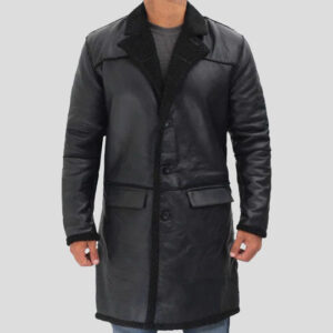 Men's Black Winter Shearling Leather Trench Coat