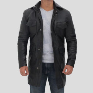 Men's Four Pocket Black Leather Trench Coat