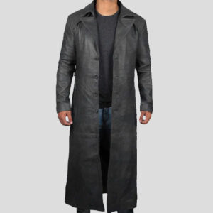 Men's Full Length Black Leather Winter Trench Coat Overcoat