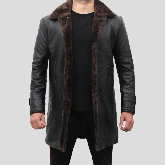 shop-mens-shearling-lined-black-leather-trench-coat Men's Shearling Lined Black Leather Trench Coat - Image 1