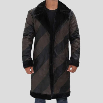 Two Tone Long Men's Shearling Leather Trench Coat