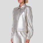 Silver Metallic Puffed Sleeve Women Leather Shirt - Image 2