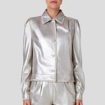 Silver Metallic Puffed Sleeve Women Leather Shirt