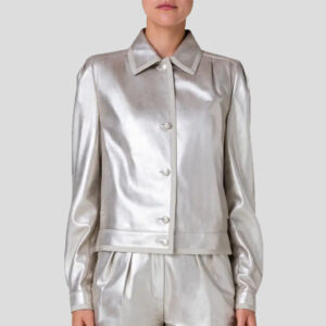 Silver Metallic Puffed Sleeve Women Leather Shirt